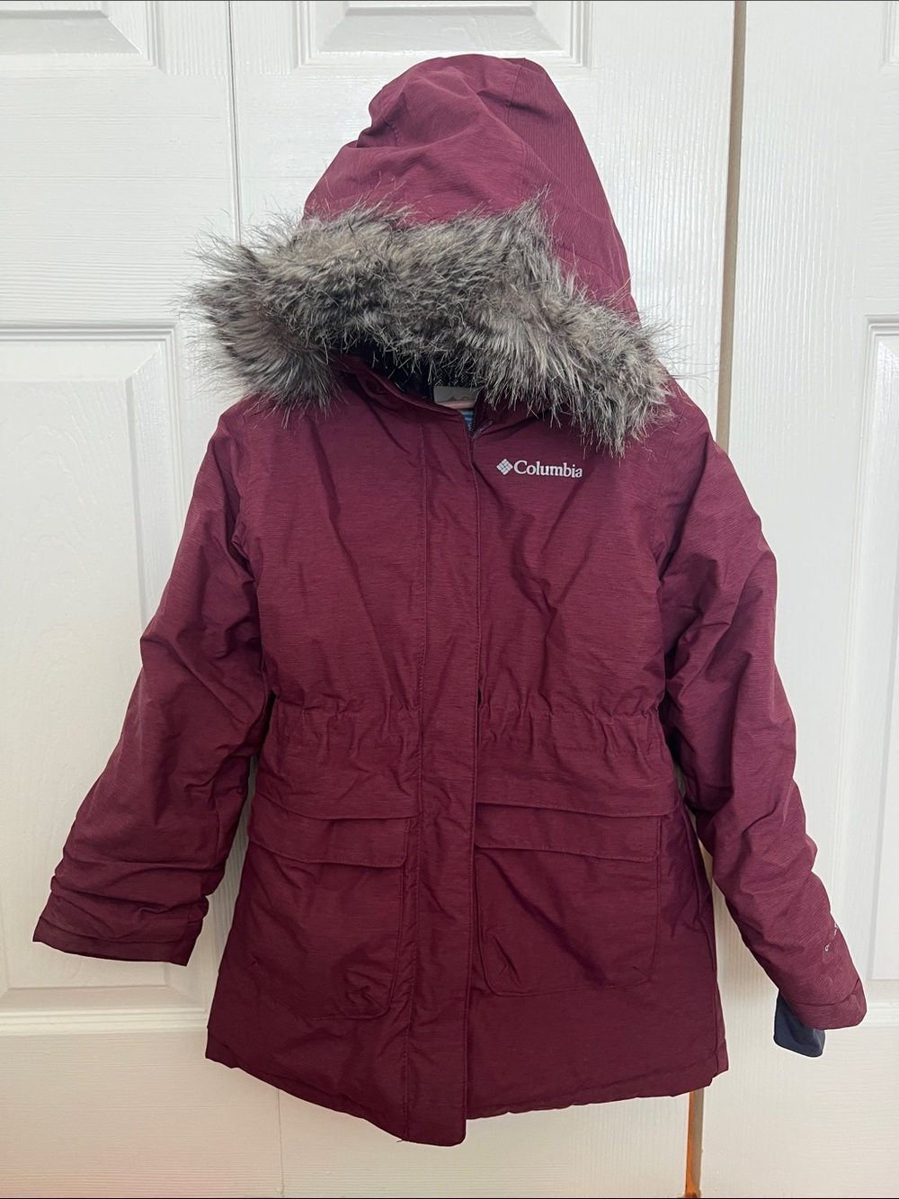 Columbia Girls' Maroon Hooded Puffer Coat with Faux-Fur Trim